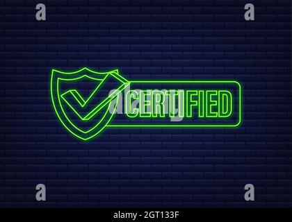 Certified stamp vector isolated on dark background. Neon icon. Stock Vector