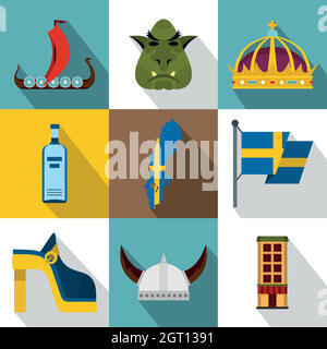 Country Sweden icons set, flat style Stock Vector