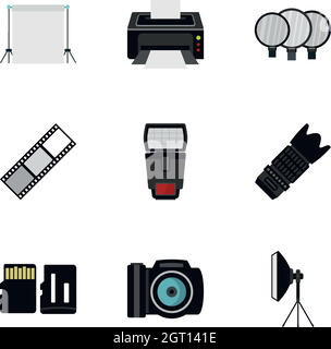 Photography icons set, flat style Stock Vector