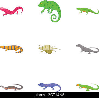 Iguana and lizard icons set, cartoon style Stock Vector