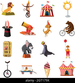 Circus symbols icons set, cartoon style Stock Vector