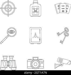 Secret agent icons set, outline style Stock Vector