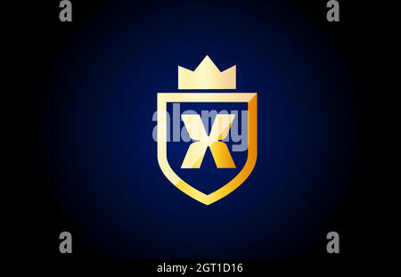 gold X alphabet letter logo icon. Design for business and company identity with shield and king crown Stock Vector