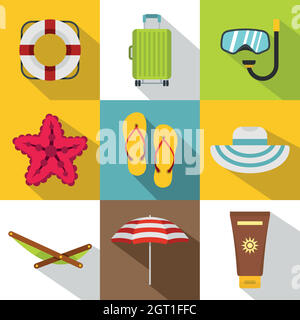 Beach vacation icons set, flat style Stock Vector