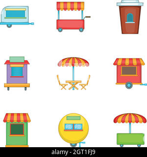 Cafe on wheels icons set, cartoon style Stock Vector