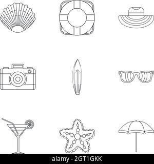 Beach icons set, outline style Stock Vector