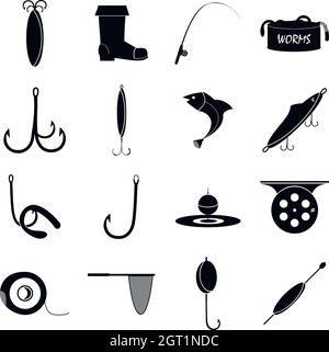 Fishing tools items icons set, simple style Stock Vector