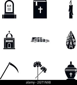 Funeral icons set, simple style Stock Vector