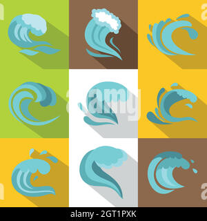 Tsunami icons set, flat style Stock Vector