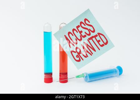 Writing displaying text Access Granted. Concept meaning admittance of users to system and network resources Writing Important Medical Notes Laboratory Stock Photo