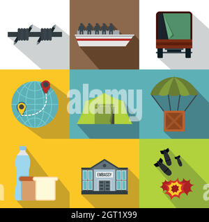 Refugees icons set, flat style Stock Vector