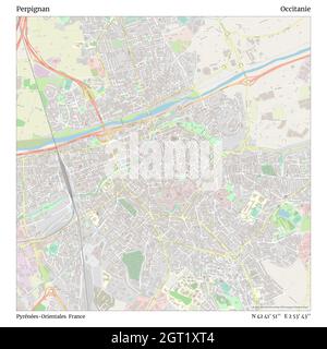 Perpignan, Pyrénées-Orientales, France, Occitanie, N 42 41' 51'', E 2 53' 43'', map, Timeless Map published in 2021. Travelers, explorers and adventurers like Florence Nightingale, David Livingstone, Ernest Shackleton, Lewis and Clark and Sherlock Holmes relied on maps to plan travels to the world's most remote corners, Timeless Maps is mapping most locations on the globe, showing the achievement of great dreams Stock Photo