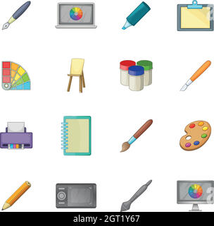Drawing and painting tool icons set, cartoon style Stock Vector