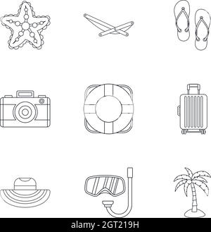Beach vacation icons set, outline style Stock Vector