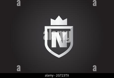 N alphabet letter logo icon in grey and black color. Shield design for company identity with king crown Stock Vector