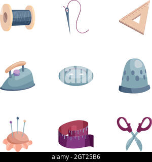 Needlework icons set, cartoon style Stock Vector