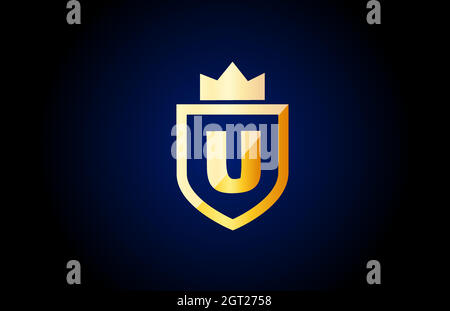 gold U alphabet letter logo icon. Design for business and company identity with shield and king crown Stock Vector