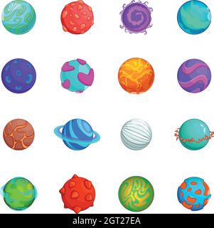 Fantastic planets icons set, cartoon style Stock Vector