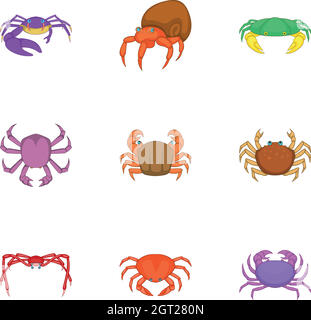Crab sea animals icons set, cartoon style Stock Vector