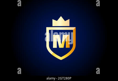 gold M alphabet letter logo icon. Design for business and company identity with shield and king crown Stock Vector