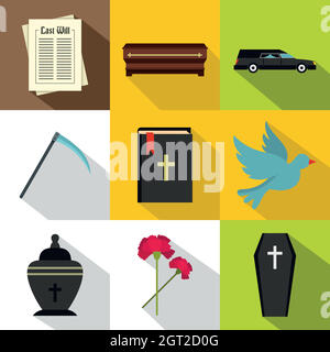 Funeral icons set, flat style Stock Vector