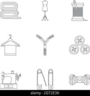 Sewing supplies icons set, outline style Stock Vector