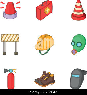 Road construction icons set, cartoon style Stock Vector