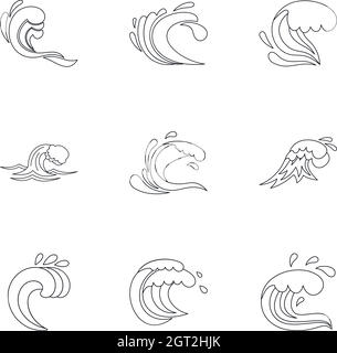 Ocean waves icons set, outline style Stock Vector