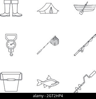 Catch fish icons set, outline style Stock Vector