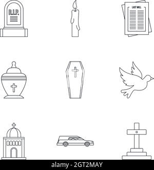 Funeral services icons set, outline style Stock Vector