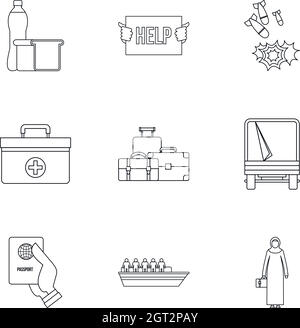 Refugees icons set, outline style Stock Vector