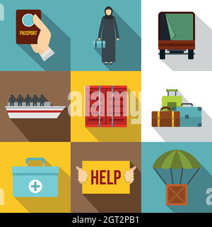 People refugees icons set, flat style Stock Vector