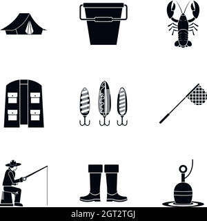 Fishing icons set, simple style Stock Vector