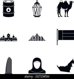 Stay in UAE icons set, simple style Stock Vector