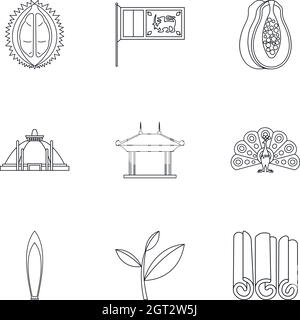 Attractions of Sri Lanka icons set, outline style Stock Vector