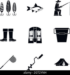 Fishing sport icons set, simple style Stock Vector