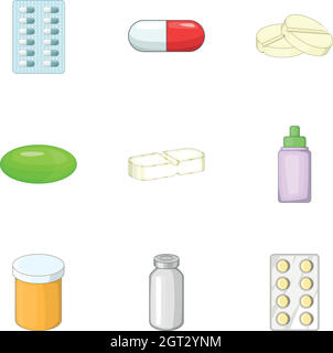Pharmacy and drug symbols icons set, cartoon style Stock Vector