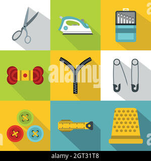 Sewing supplies icons set, flat style Stock Vector