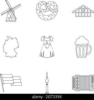 Tourism in Germany icons set, outline style Stock Vector