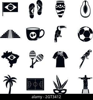 Brazil travel symbols icons set, simple style Stock Vector