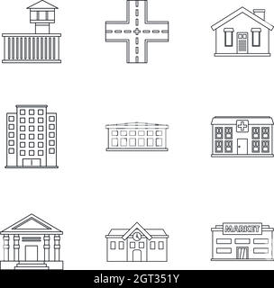 Building icons set, outline style Stock Vector