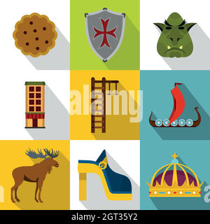 Vacation in Sweden icons set, flat style Stock Vector