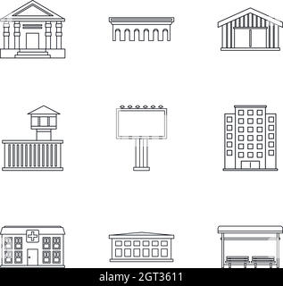 Public building icons set, outline style Stock Vector