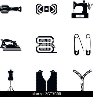 Tools for sewing dresses icons set, simple style Stock Vector