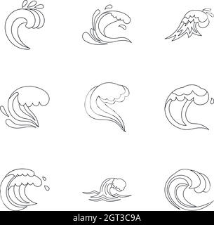 Sea waves icons set, outline style Stock Vector