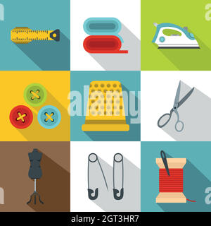 Tools for sewing dresses icons set, flat style Stock Vector