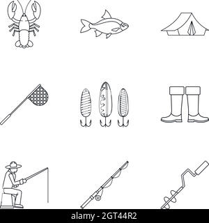 Fishing icons set, outline style Stock Vector