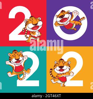 Happy Chinese New Year 2022 with a group of cartoon tigers hanging around big 2022 colourful background Stock Vector