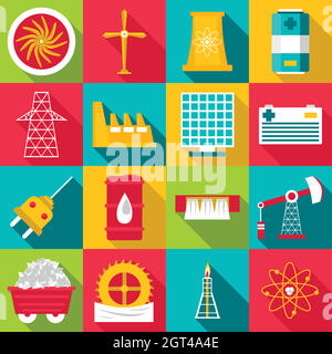 Energy sources symbols icons set, flat style Stock Vector