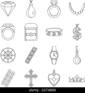 Jewelry items icons set, outline style Stock Vector